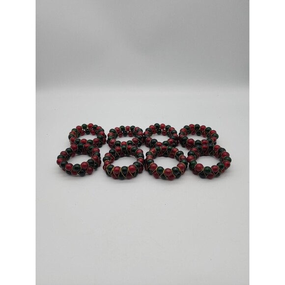 Kemp & Beatly set of 8 Christmas Red & Green Glass Beaded Napkin Ring Holders - Picture 2 of 12